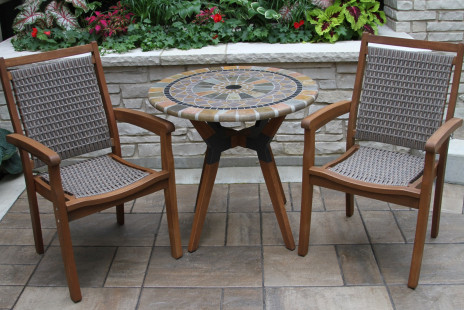 30344MS - 30 in. Sandstone Mosaic Bistro Table Top & 21090GR (Driftwood Grey Wicker & Eucalyptus Stackable Arm Chairs)