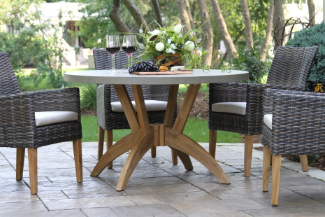 TNA2299 Teak and Slate and Brown Wicker Dining Chair with TNA7908 Teak and Composite Top Dining Table