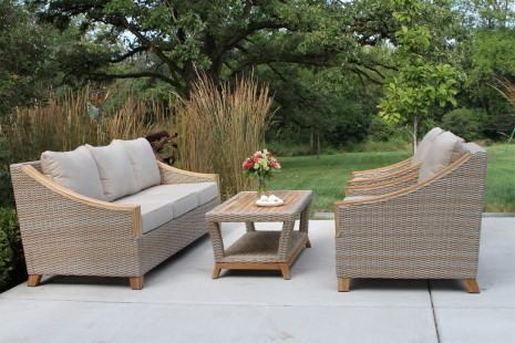 TNA7500 Vineyard Teak Wicker Arm Chair pair with Sunbrella with 2 TNA7500 Arm Chairs and TNA7850 Coffee Table Side View