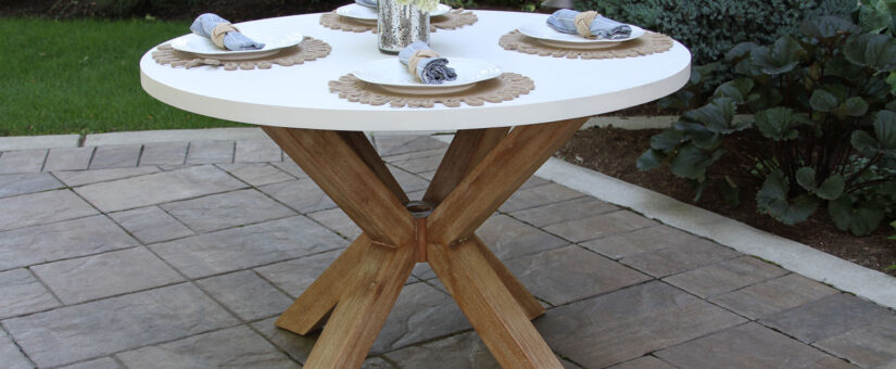46648- 48” Round Ivory Composite & Eucalyptus Wash Dining Table with Umbrella Hole